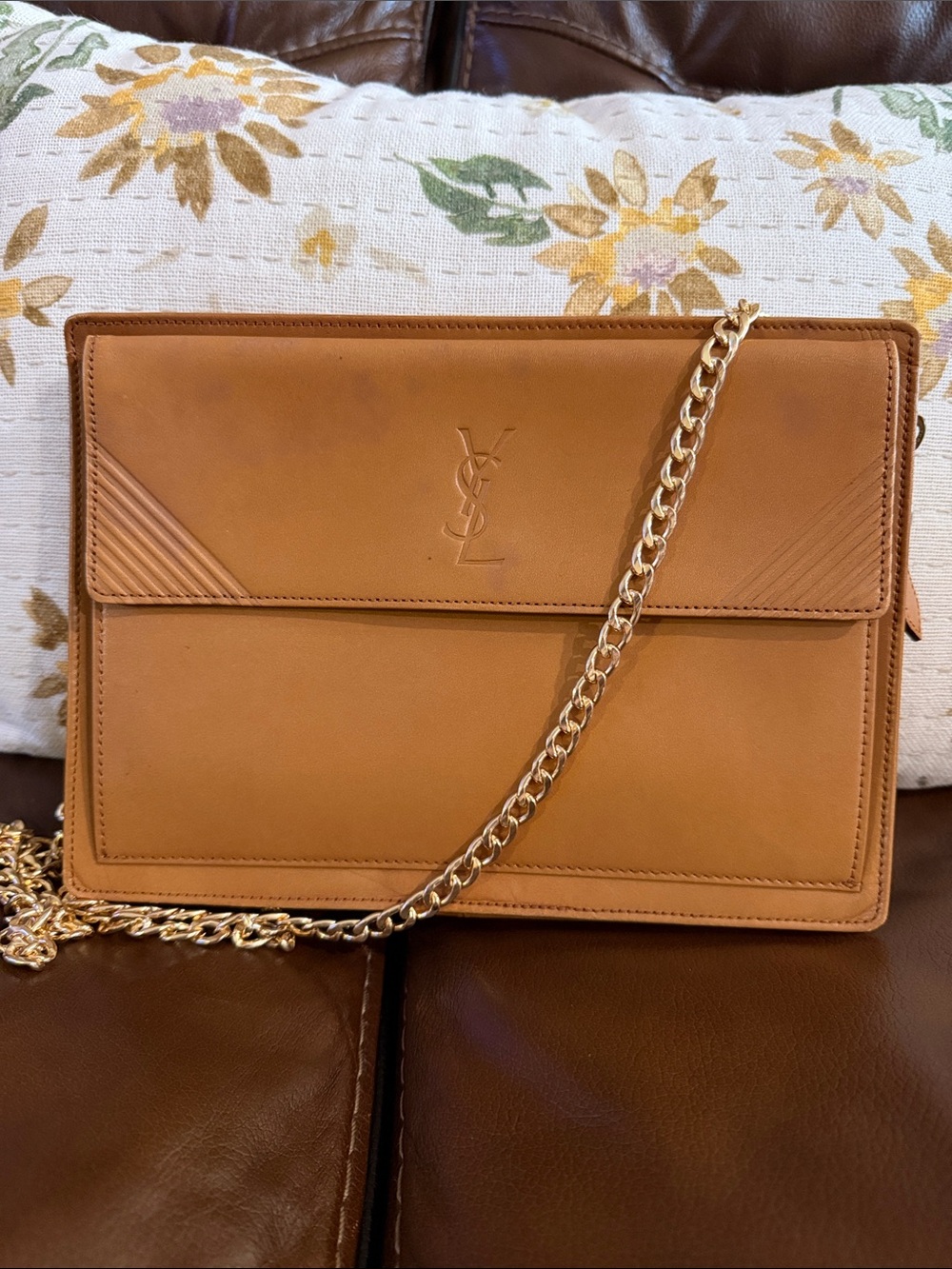 Upcycled Vintage Saint Laurent Caramel Leather Shoulder Bag with Gold Chain